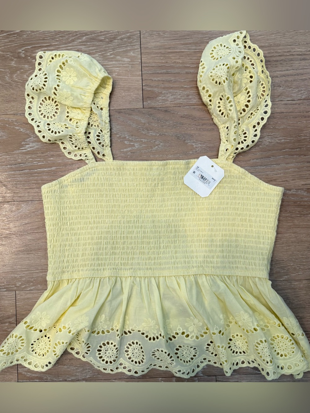 NWT Altar’d State Yellow Eyelet Smocked Peplum Tank Top Size Large